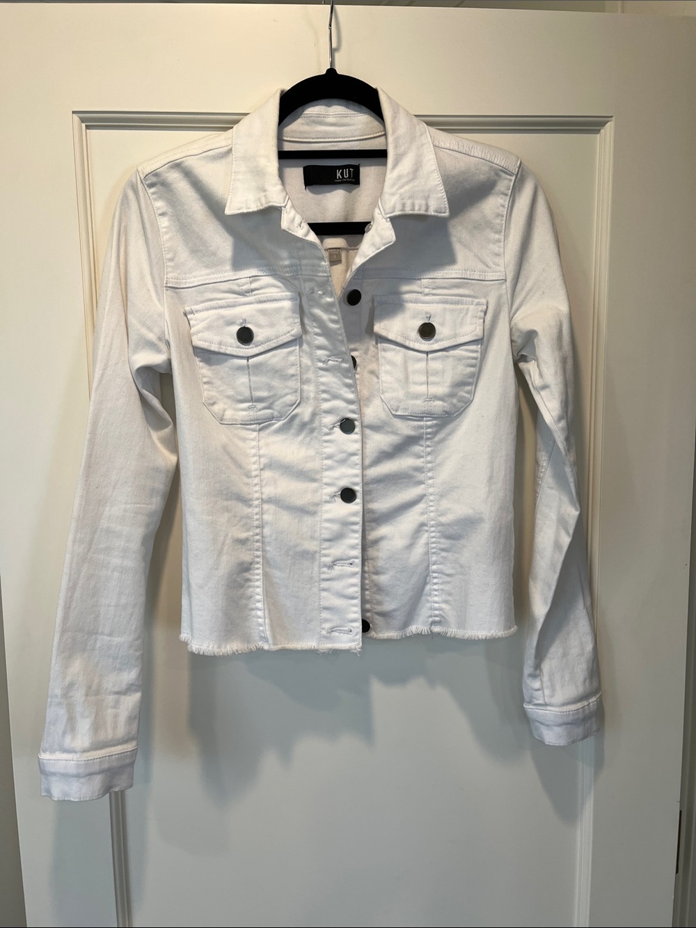 KUT from the Kloth Kara Frayed Hem Denim Jacket in optic white